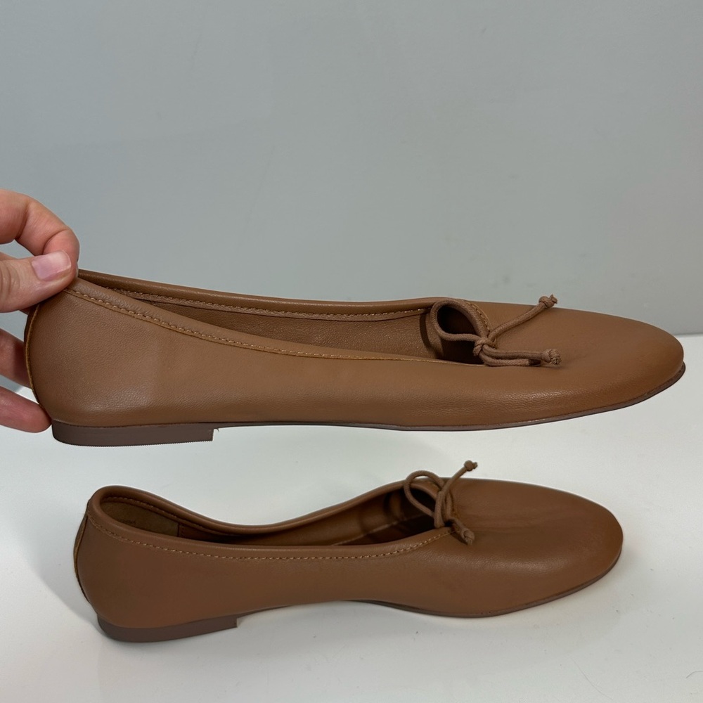 Women's Tan Leather Ballet Flats with Bow - Picture 13 of 15